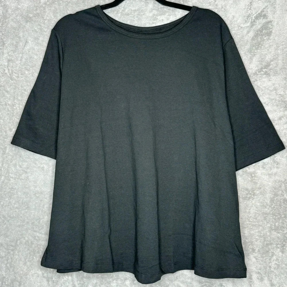 Bedford Fair 2X Shirt Top Black Solid Short Sleeve Boat Neck Cotton Blend Knit